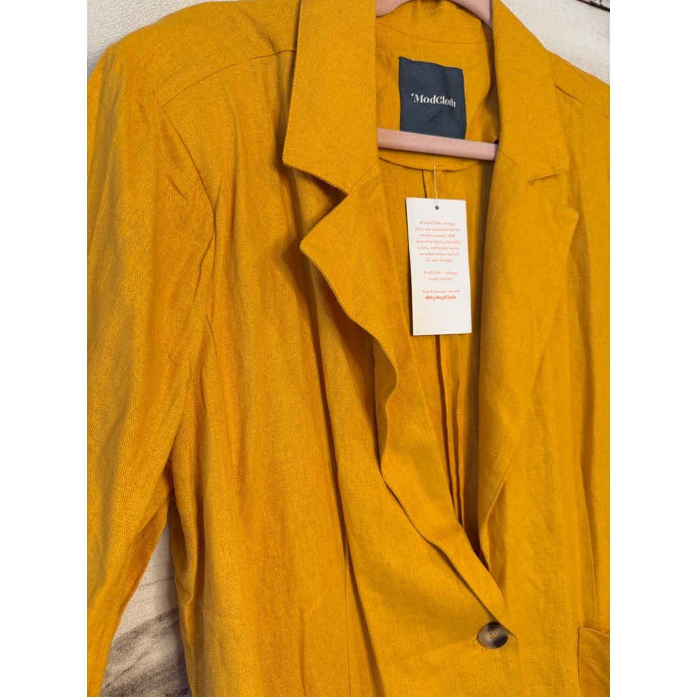 ModCloth Mustard Yellow Linen Blend Two Button Patch Pocket Blazer XL NWT - Picture 2 of 7